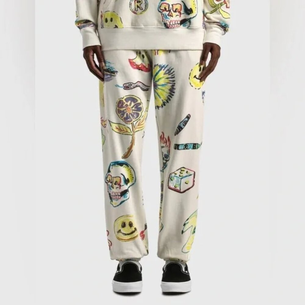 Market Coloring Book AOP Sweatpants Cream Graphic Joggers XL NWT Cotton